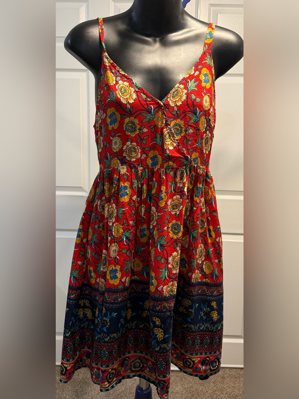 SHEIN Red Floral Spaghetti-Strap Sundress with Blue Border